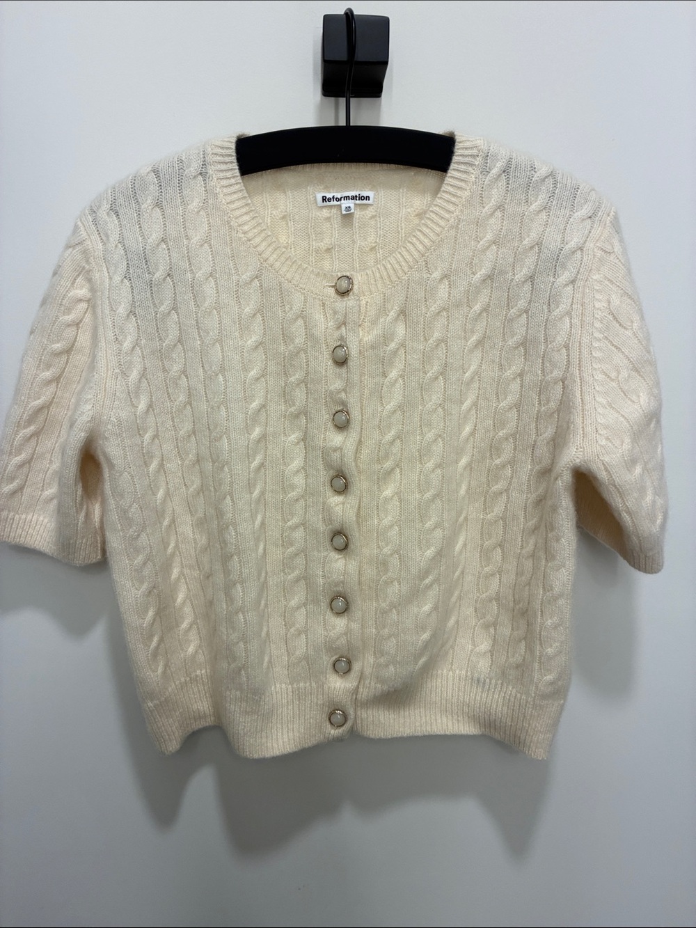 Reformation Cream Cable-Knit Short Sleeve Cardigan with Buttons